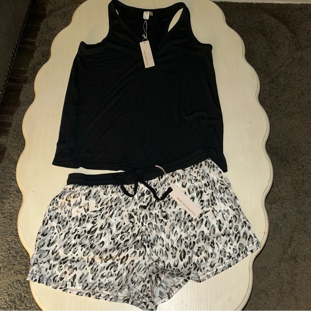 Bare necessities ladies s black animal print 2-pc luxury short & tank lounger